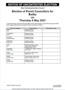 Notice of Uncontested Election - List of persons elected